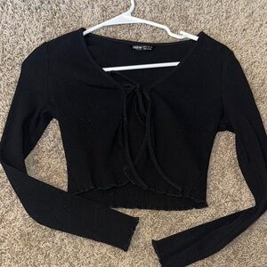 SHEIN Black Ribbed Tie-Front Top